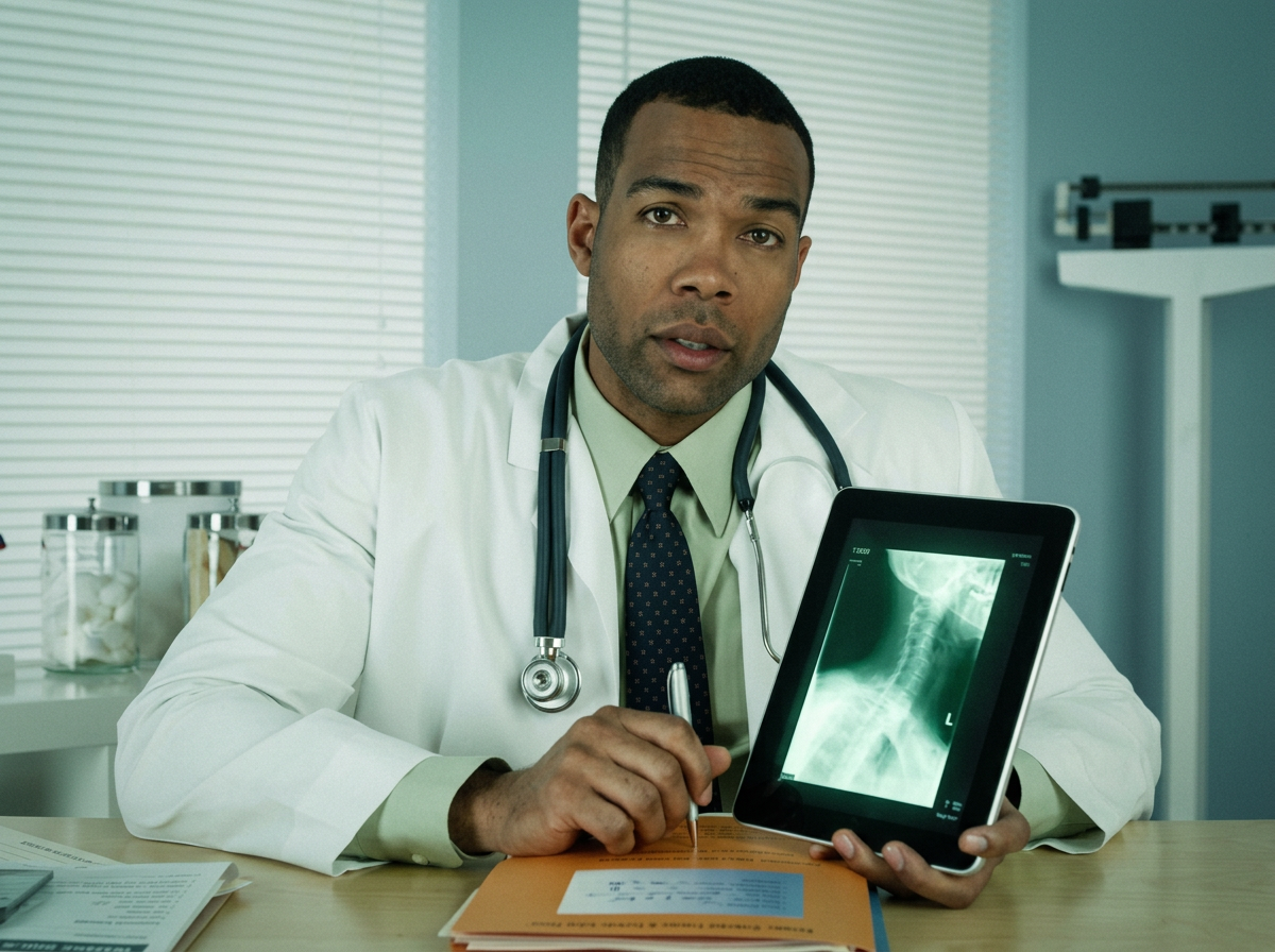 Médecin présentant une radiographie sur tablette