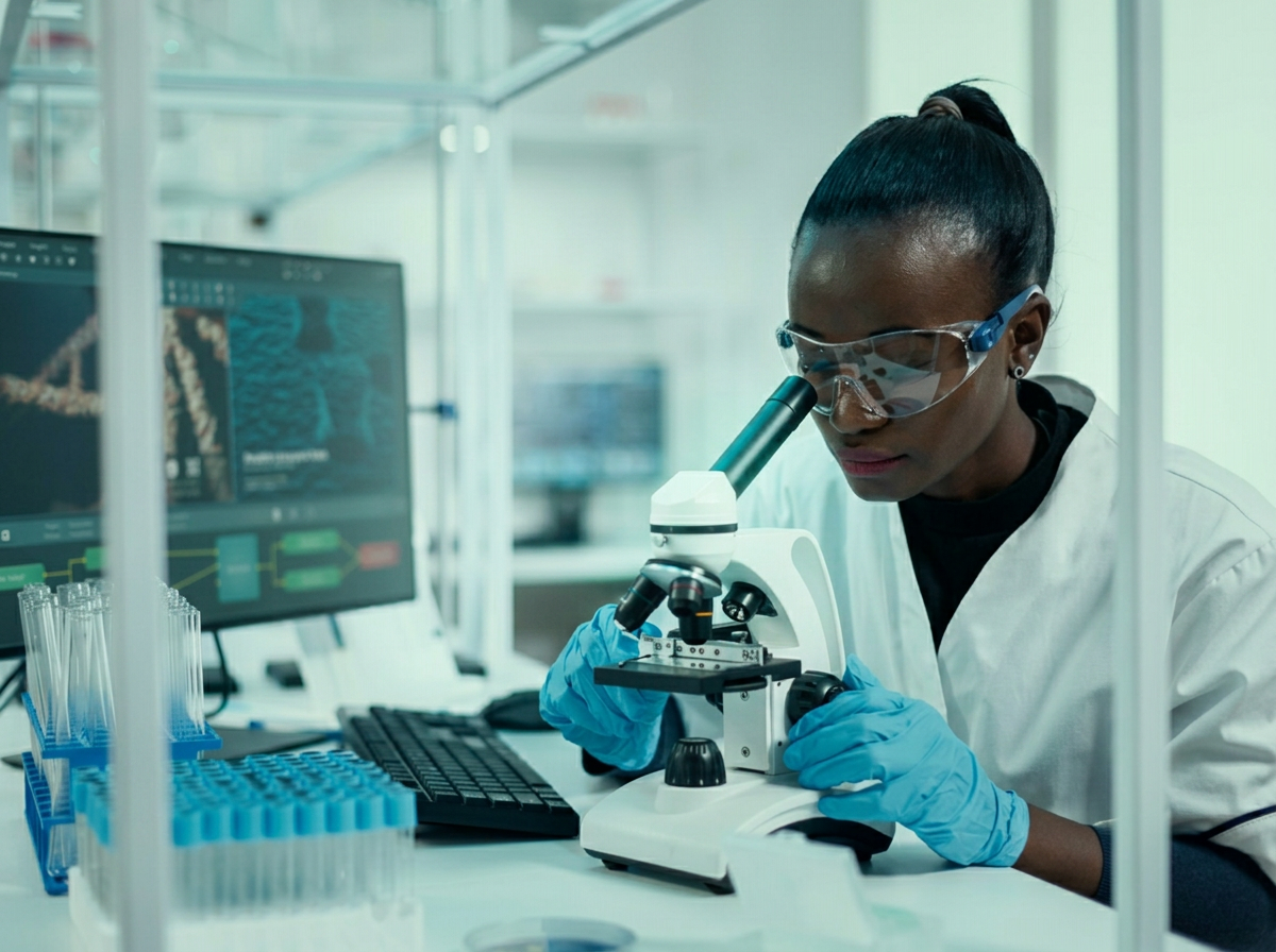 Professionnelle en laboratoire devant un microscope