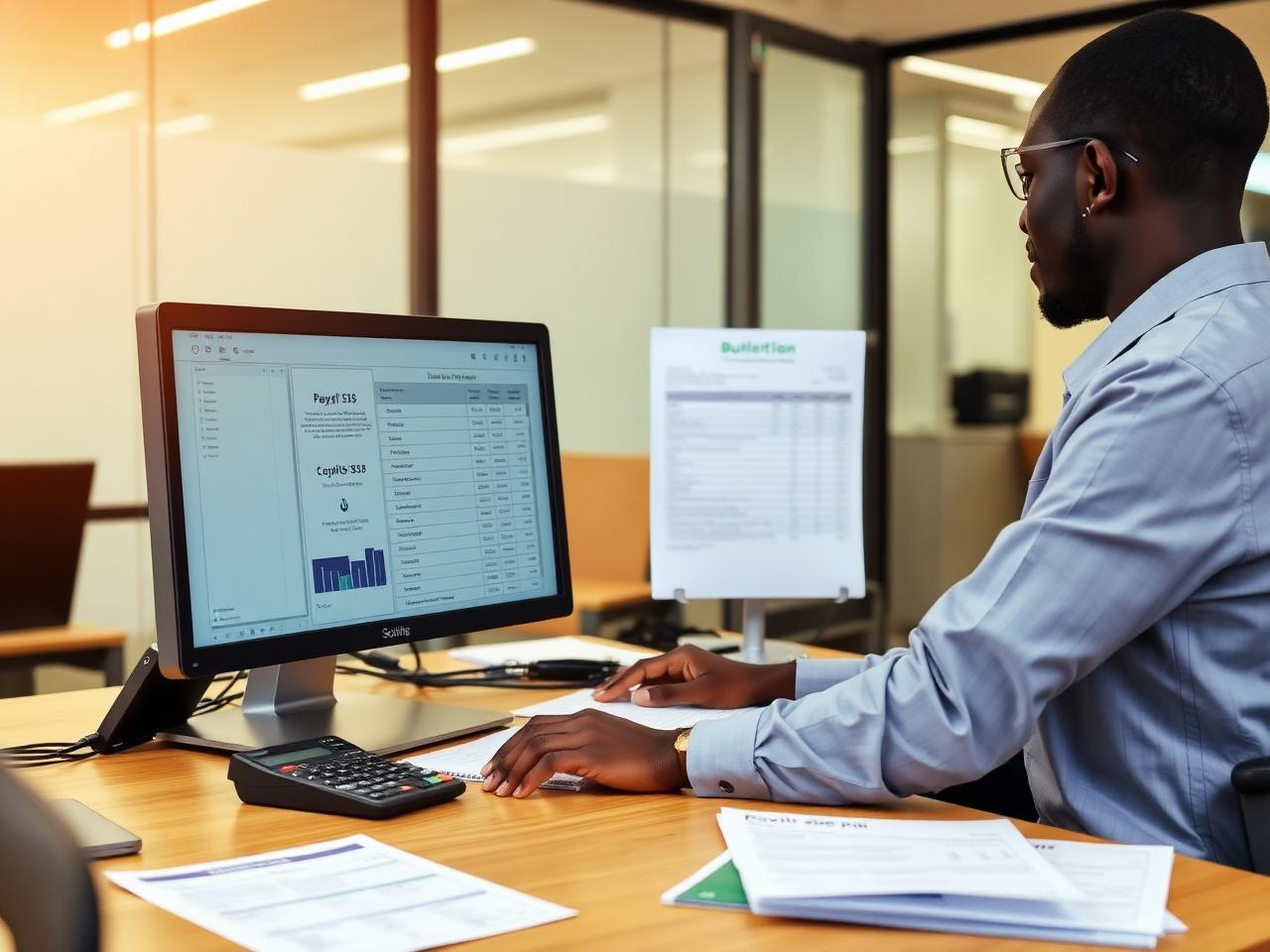 Comptable paie préparant les bulletins du mois