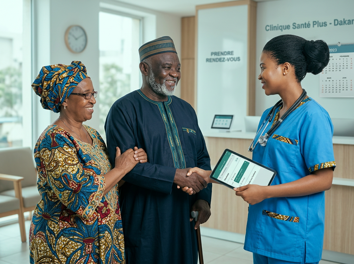 Patients âgés et soignante prenant un rendez-vous à l'accueil